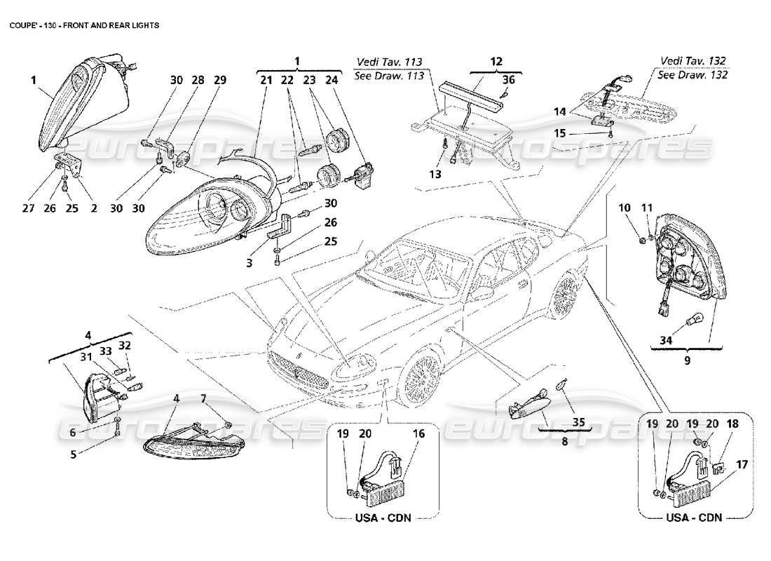 maserati 4200 coupe (2002) front and rear lights parts diagram