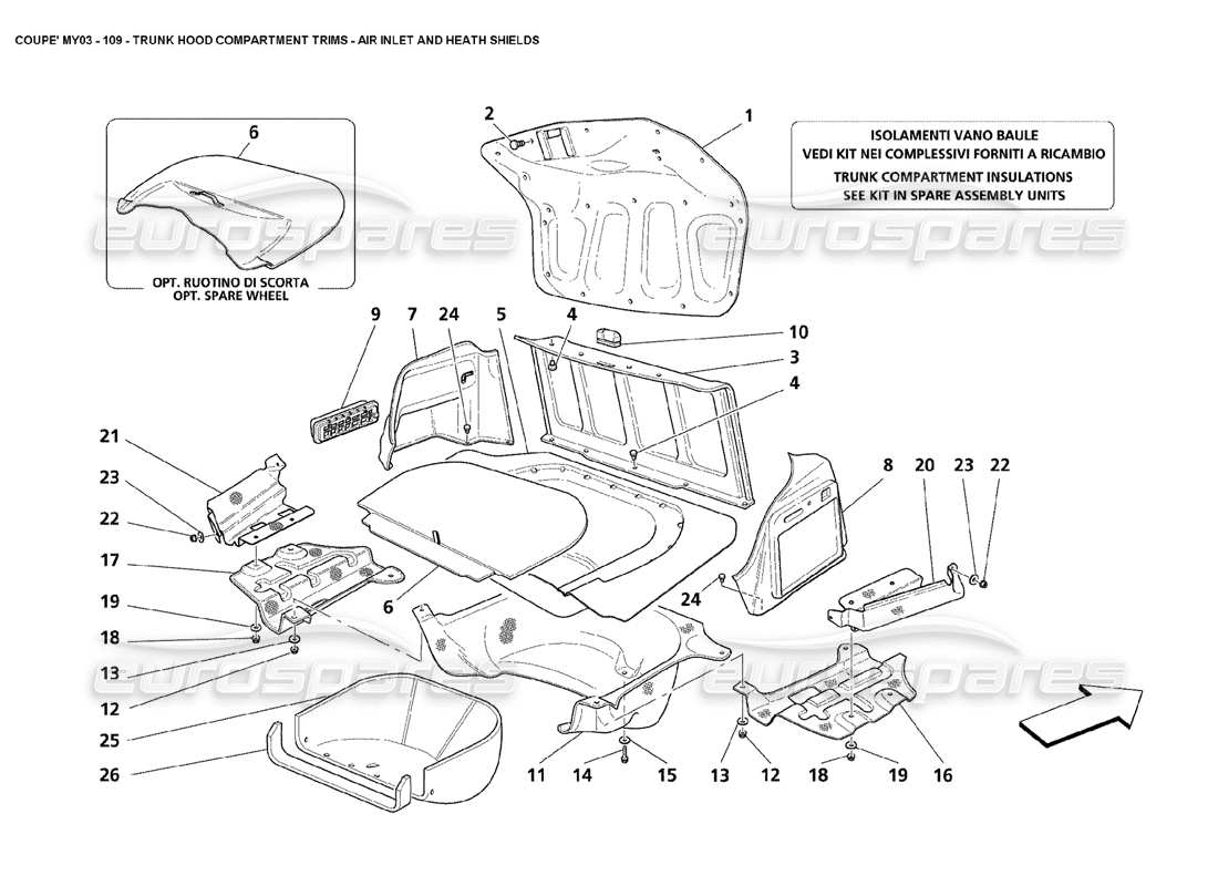 maserati 4200 coupe (2003) trunk hood compartment trims - air inlet and heath sheilds part diagram