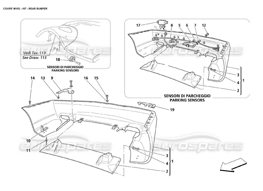 maserati 4200 coupe (2003) rear bumper parts diagram