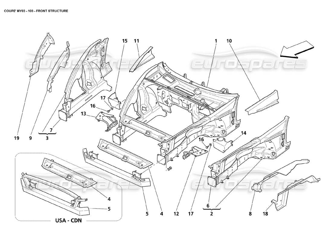 maserati 4200 coupe (2003) front structure parts diagram