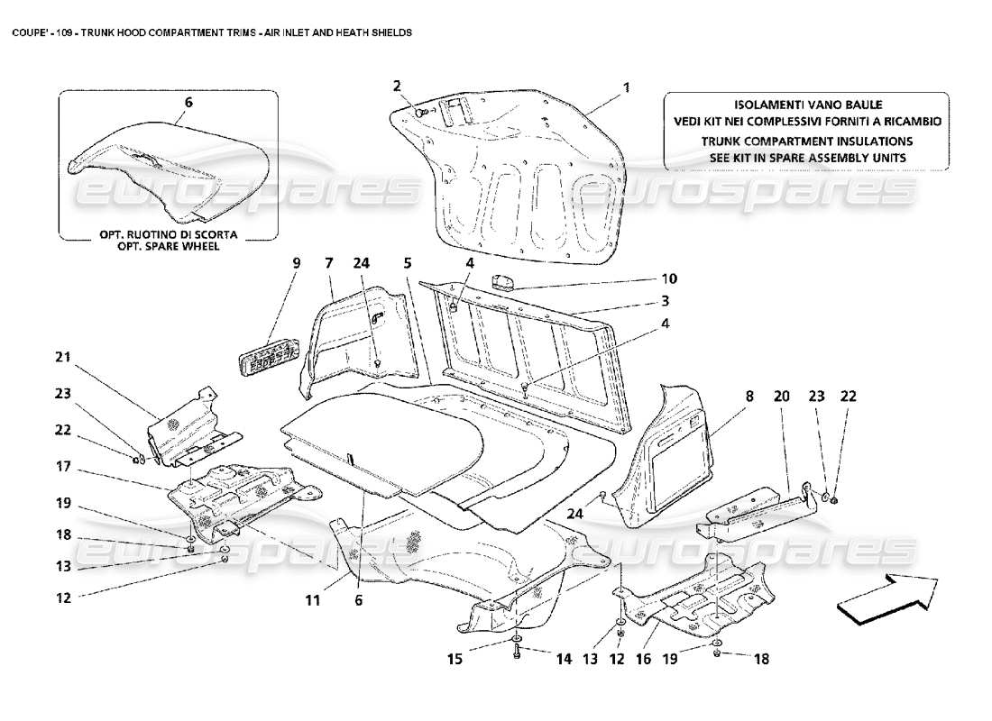maserati 4200 coupe (2002) trunk hood compartment trims - air inlet and heath shields parts diagram
