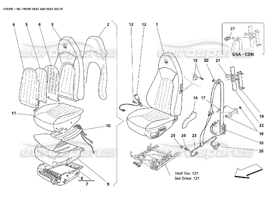 maserati 4200 coupe (2002) front seat and seat belts parts diagram