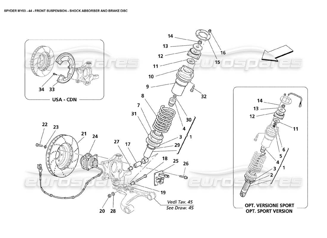 maserati 4200 spyder (2003) front suspension - shock absorber and brake discs parts diagram