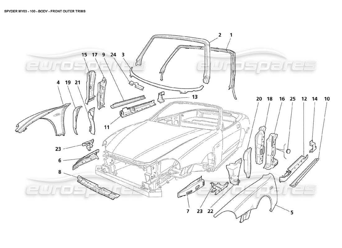 maserati 4200 spyder (2003) body - front outer trims parts diagram