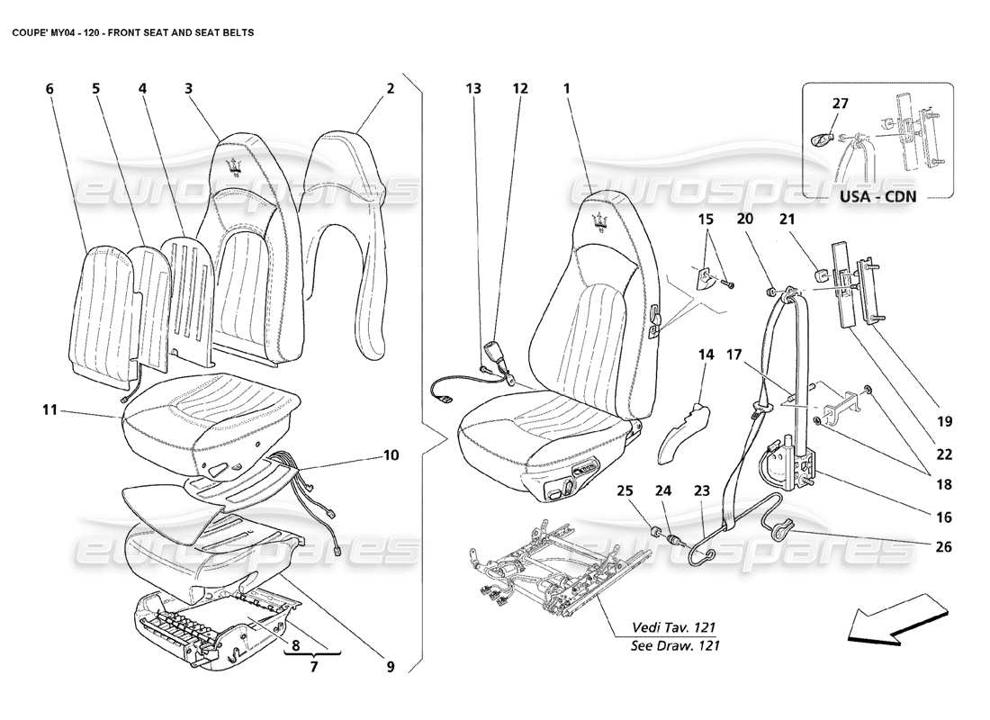 maserati 4200 coupe (2004) front seat and seat belts parts diagram