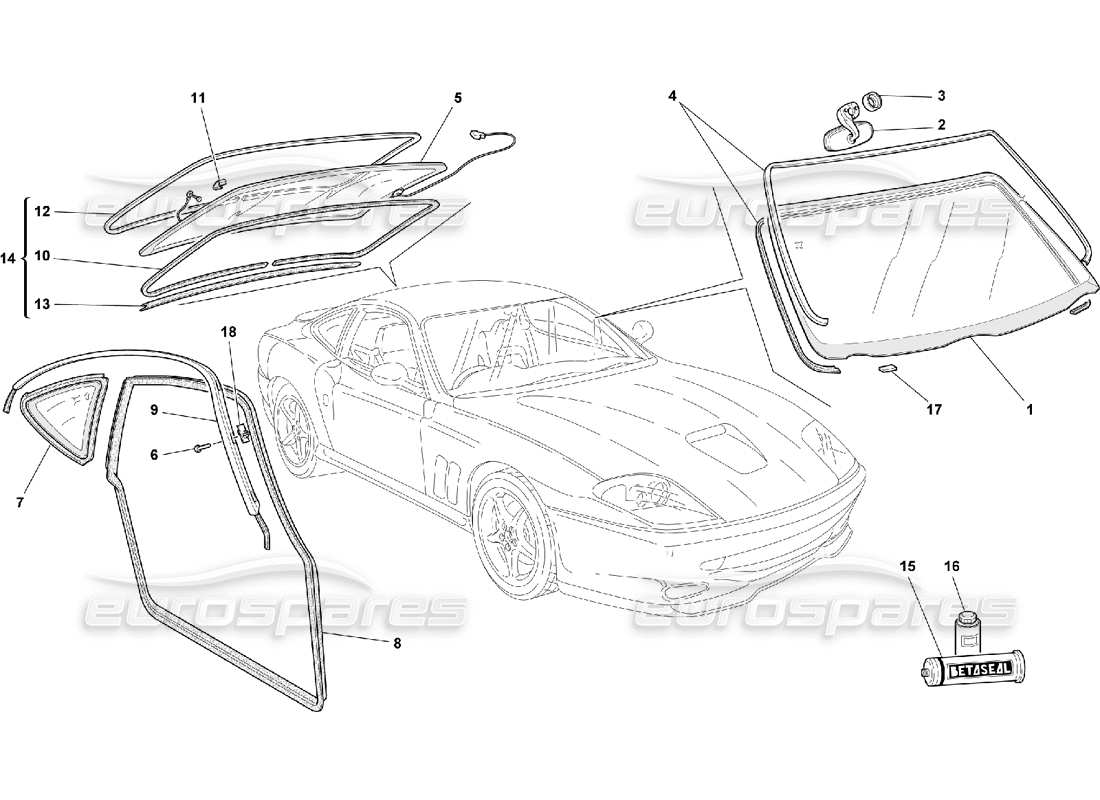 ferrari 550 maranello glasses and gaskets parts diagram