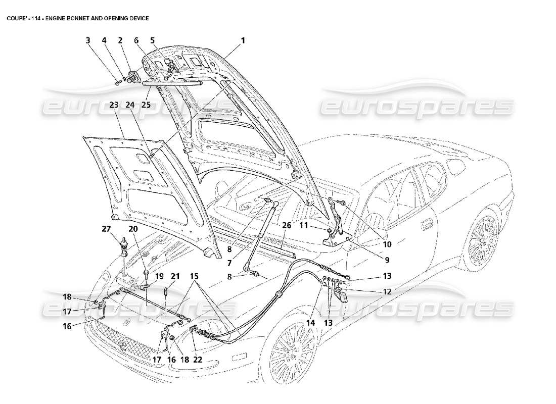 maserati 4200 coupe (2002) engine bonnet and opening device parts diagram