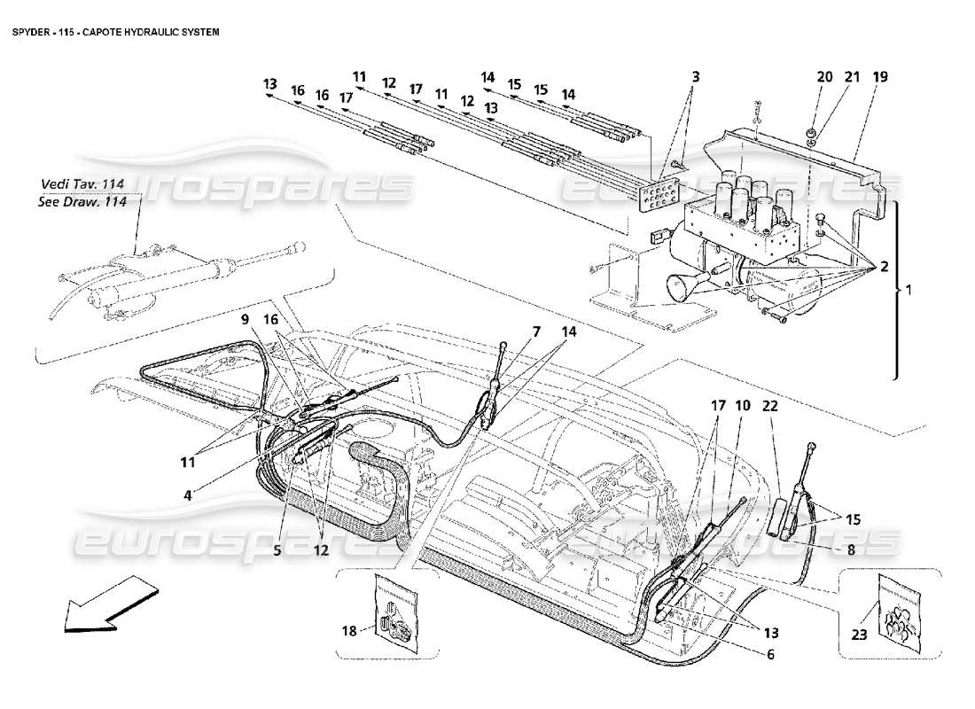 maserati 4200 spyder (2002) capote hydraulic system parts diagram