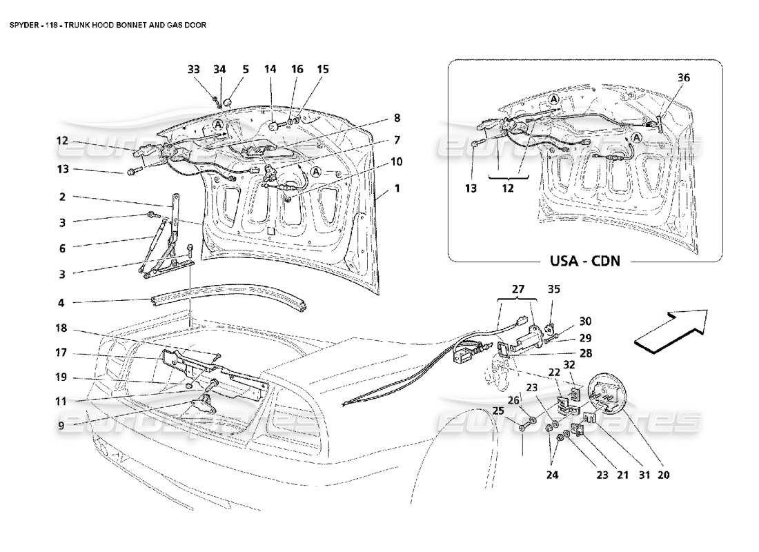 maserati 4200 spyder (2002) trunk hood bonnet and gas door parts diagram