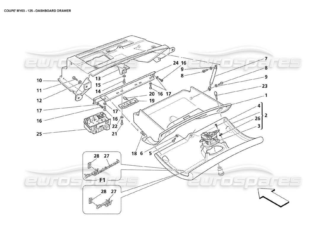 maserati 4200 coupe (2003) dashboard drawer part diagram