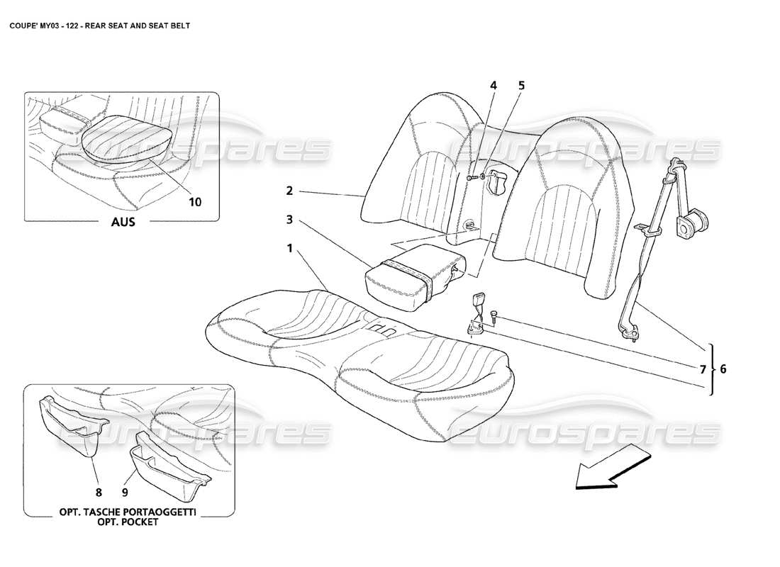 maserati 4200 coupe (2003) rear seat and seatbelt part diagram