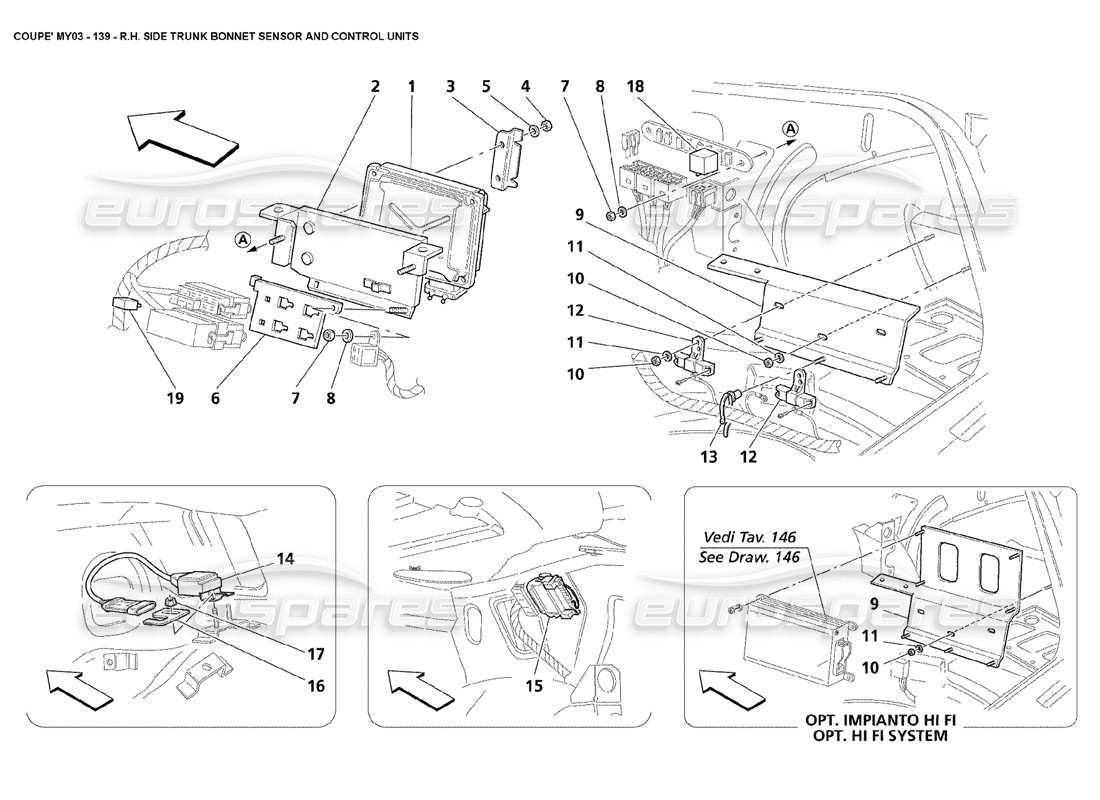 maserati 4200 coupe (2003) rh side trunk bonnet sensor and control units part diagram