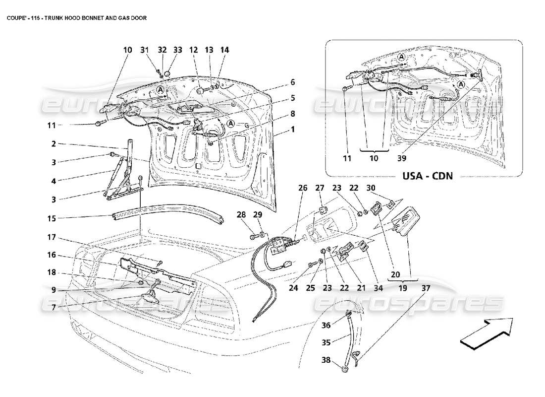 maserati 4200 coupe (2002) trunk hood bonnet and gas door part diagram