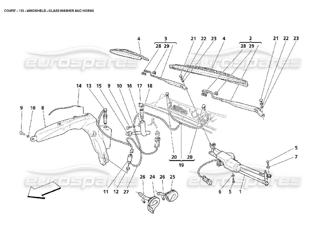 maserati 4200 coupe (2002) windshield - glass washer and horns parts diagram