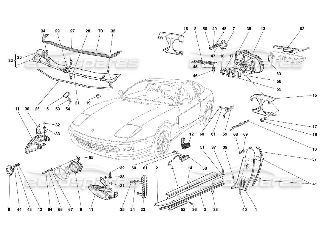 ferrari 456 m gt/m gta front and rear lights - outside finishings parts diagram