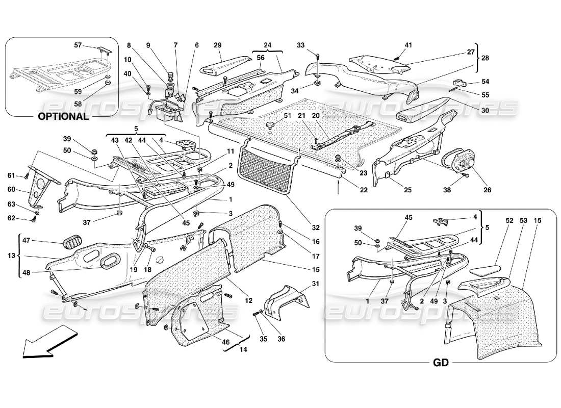 ferrari 550 maranello tunnel - inner trims parts diagram