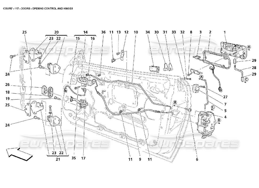 maserati 4200 coupe (2002) doors - opening control and hinges parts diagram