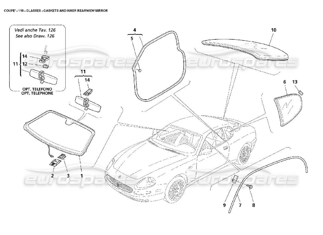 maserati 4200 coupe (2002) glasses - gaskets and inner rearwiew mirror part diagram