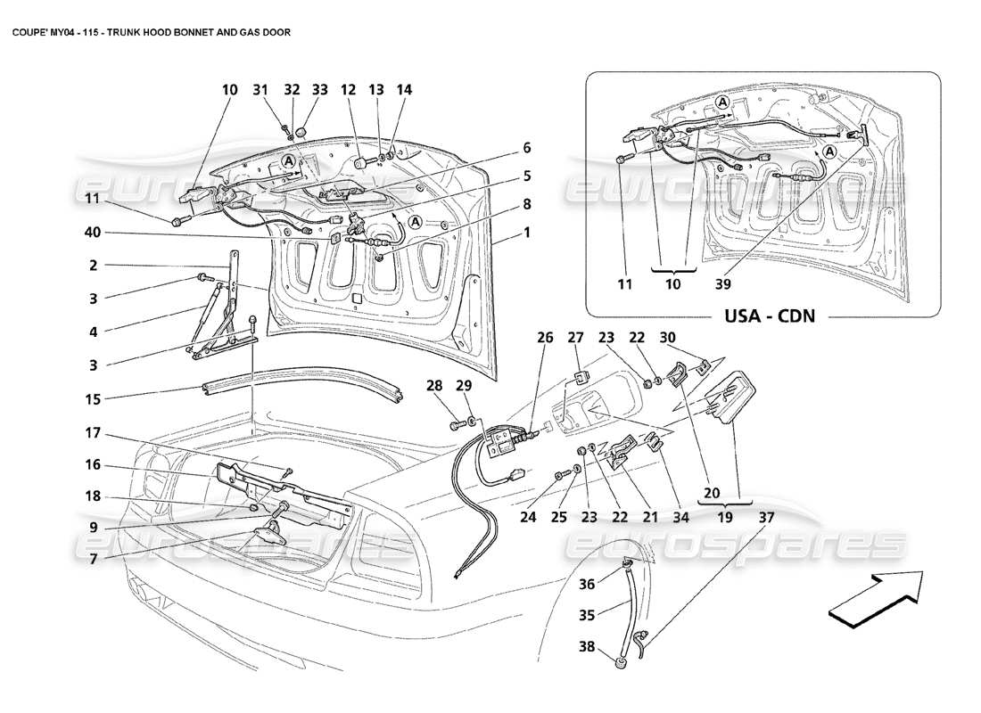 maserati 4200 coupe (2004) trunk hood bonnet and gas door parts diagram