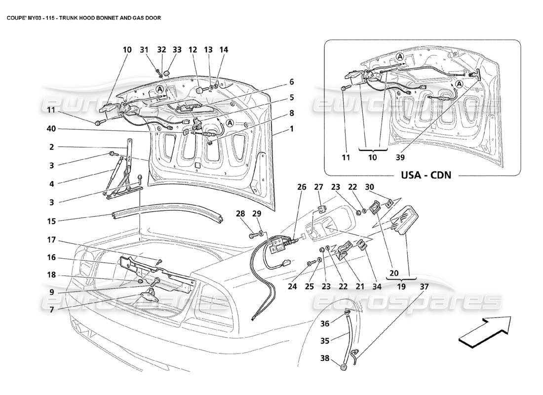 maserati 4200 coupe (2003) trunk hood bonnet and gas door parts diagram