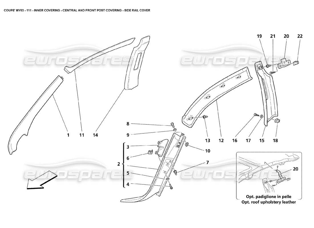 maserati 4200 coupe (2003) inner covering - central and front post covering - side rail cover part diagram