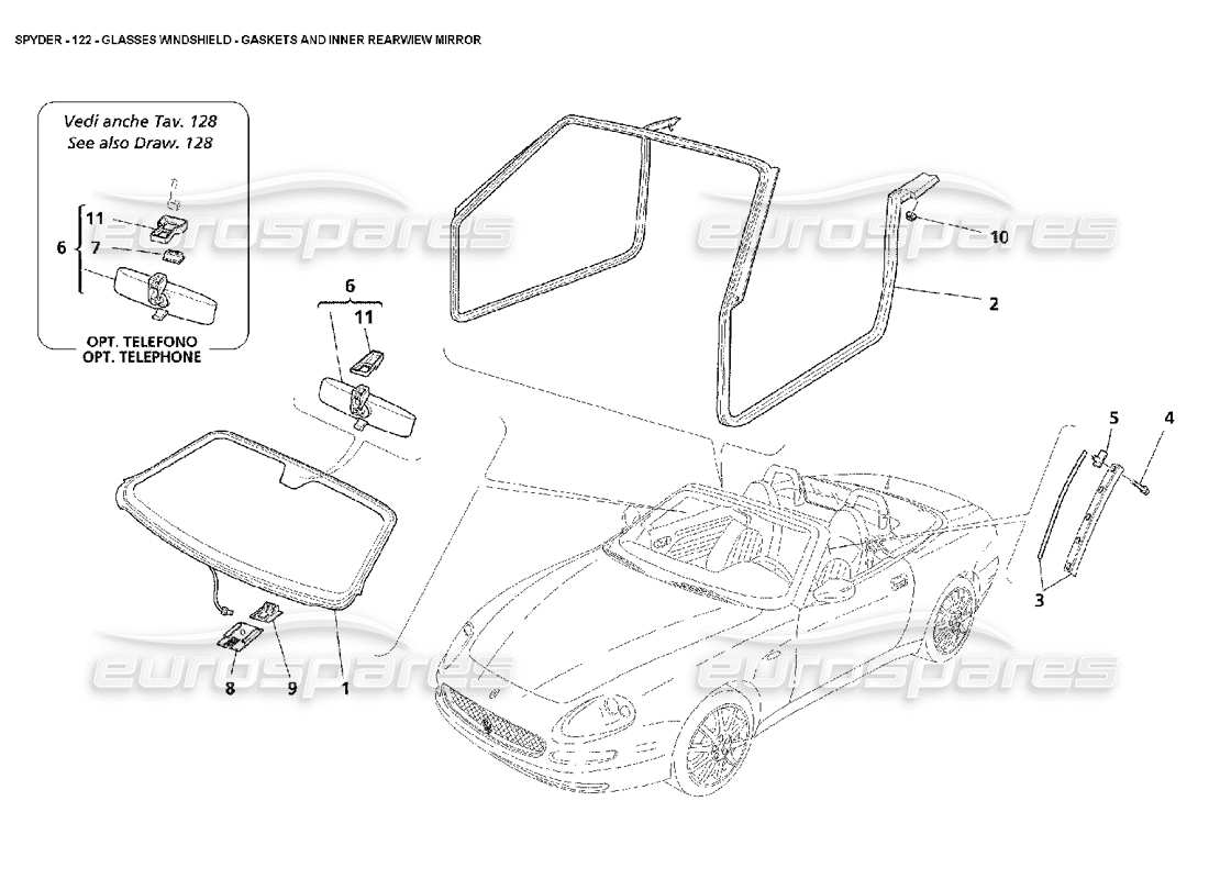 maserati 4200 spyder (2002) glasses windshield - gaskets and inner rearwiew mirror parts diagram