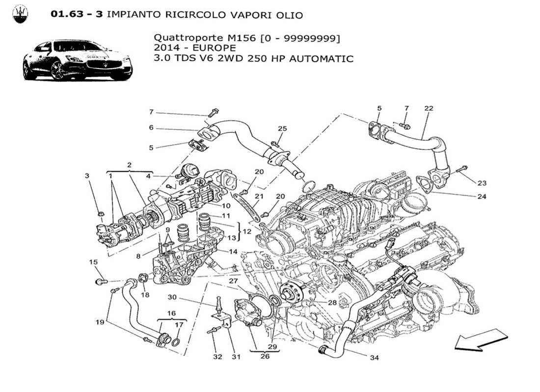 a part diagram from the Maserati QTP. V6 3.0 TDS 250bhp 2014 parts catalogue