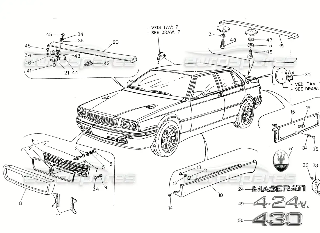 maserati 418 / 4.24v / 430 external finishing parts diagram