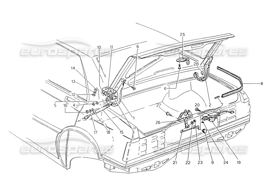 maserati 418 / 4.24v / 430 trunk lid, hinges and opening controls parts diagram