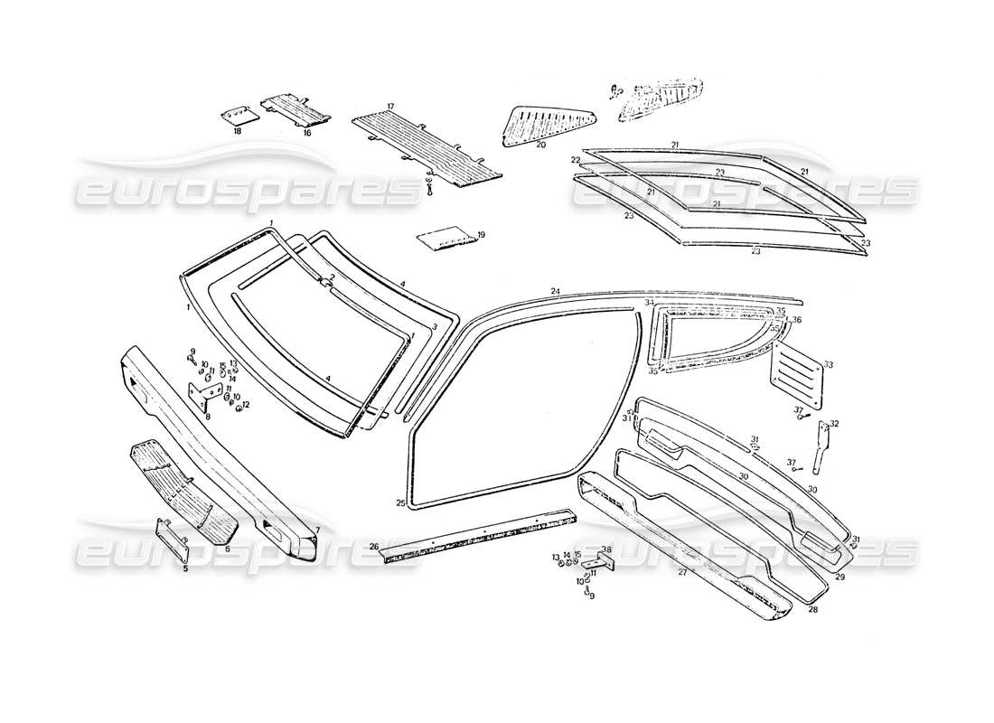 maserati khamsin bumpers and glasses parts diagram