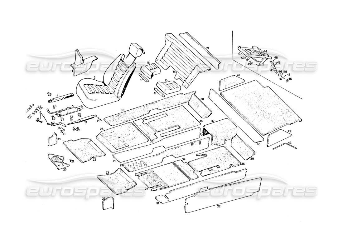 maserati khamsin seats and upholstery parts diagram
