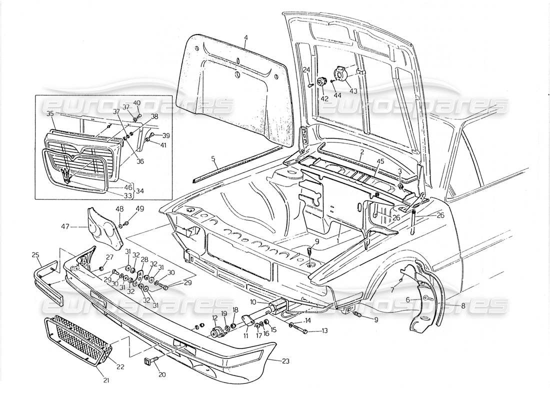 maserati 228 front bumper and sound proof felts parts diagram