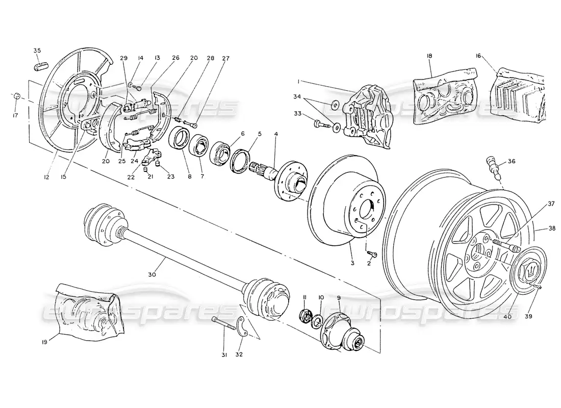 maserati ghibli 2.8 (non abs) rear wheels, hubs, brakes & axle shafts parts diagram