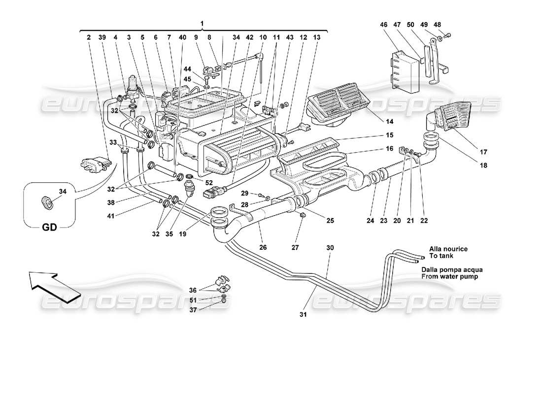 ferrari 355 (2.7 motronic) evaporator unit and passengers compartment aeration parts diagram