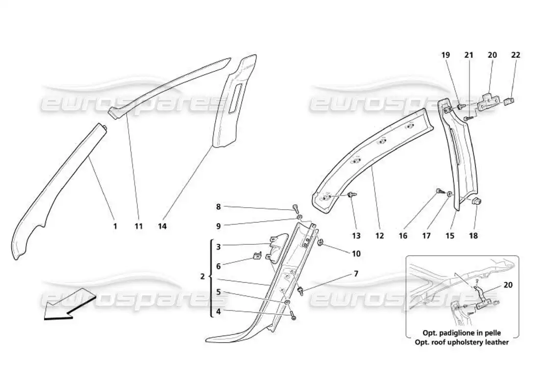 maserati 4200 coupe (2005) inner covering - central and front post covering - side rail cover parts diagram