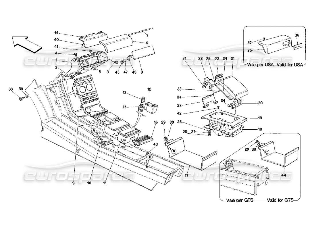 ferrari 348 (2.7 motronic) tunnel - accessories parts diagram