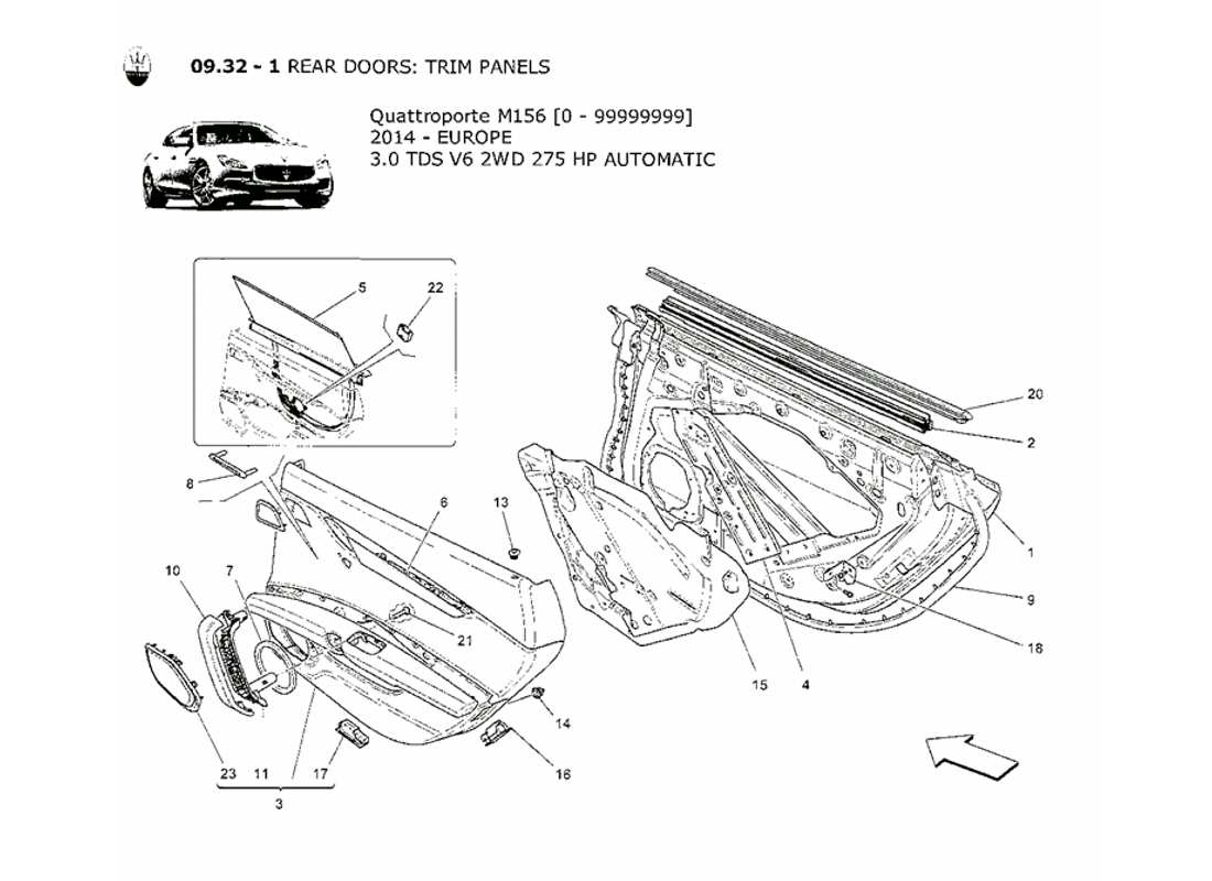 maserati qtp. v6 3.0 tds 275bhp 2014 rear doors: trim panels parts diagram