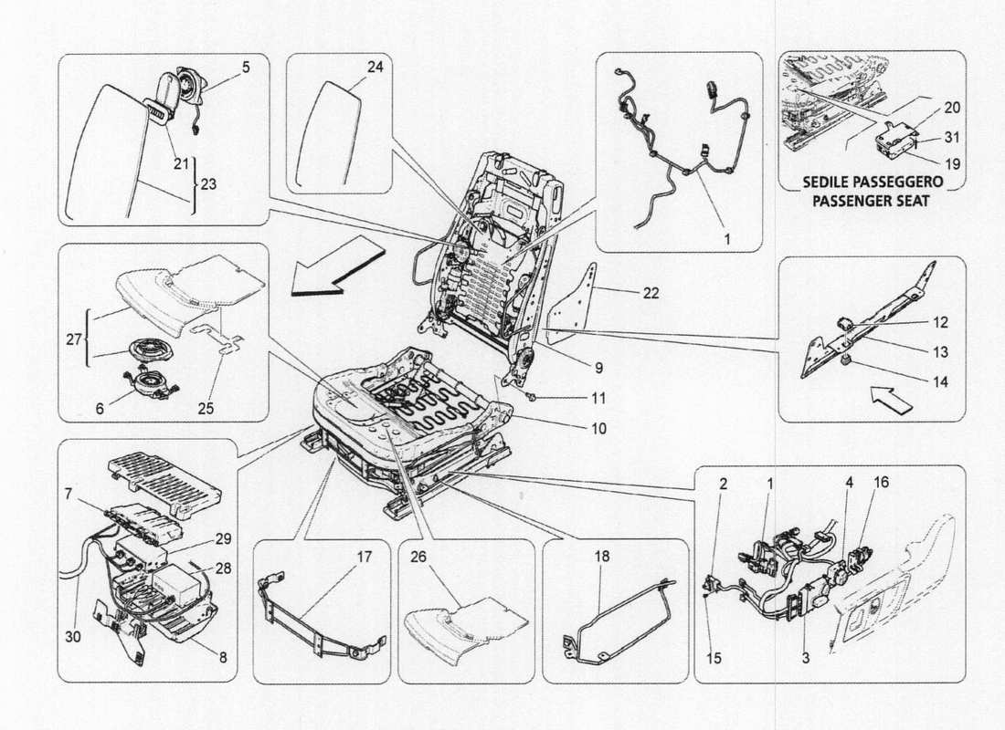 maserati qtp. v6 3.0 tds 275bhp 2017 front seats: mechanisms part diagram