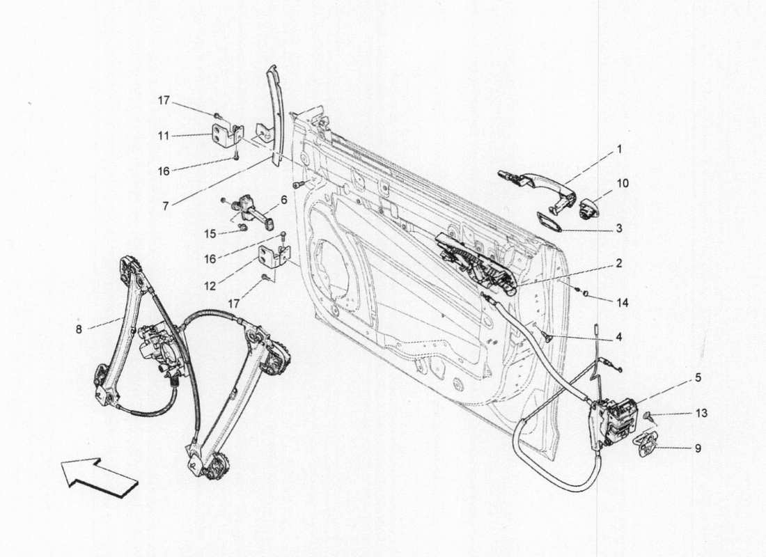 maserati qtp. v6 3.0 tds 275bhp 2017 front doors: mechanisms part diagram