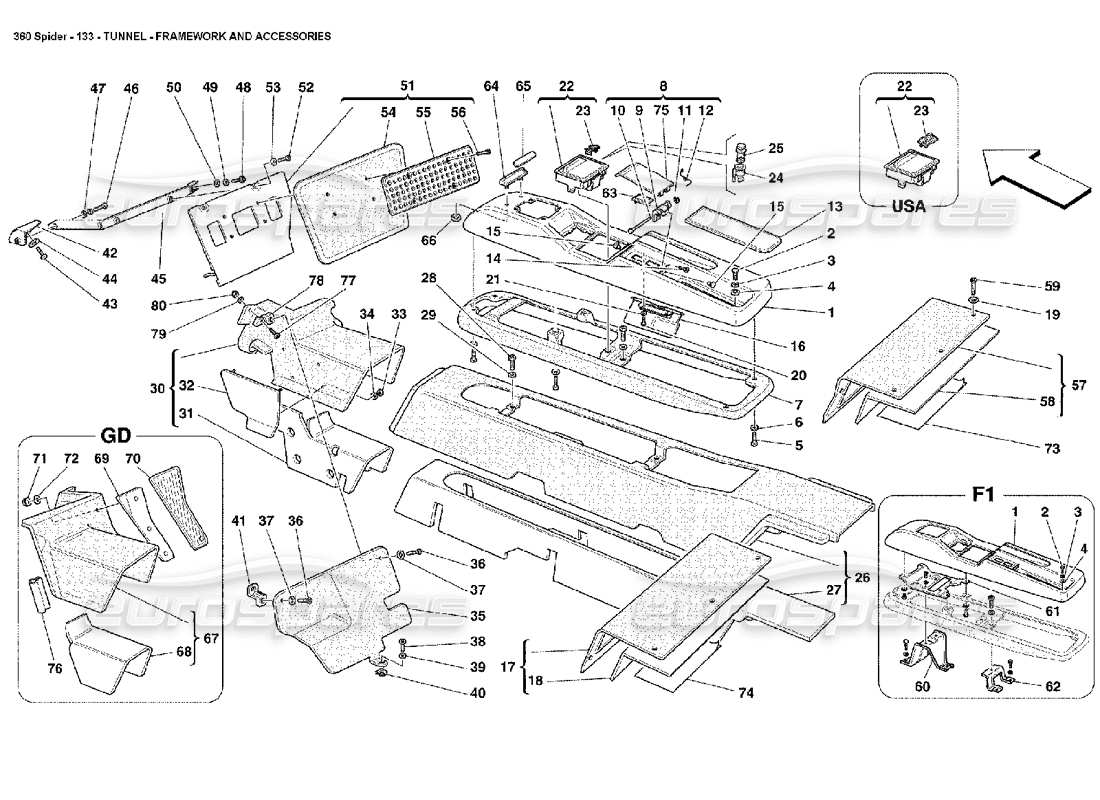 ferrari 360 spider tunnel - framework and accessories parts diagram