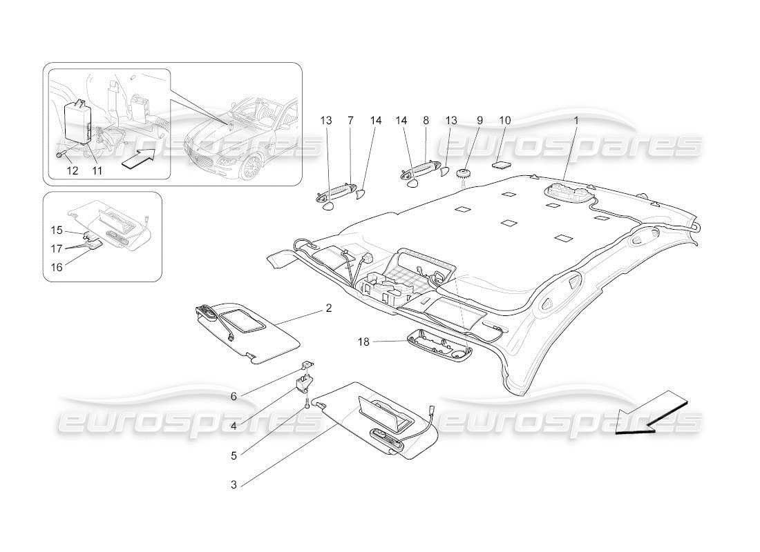 maserati qtp. (2011) 4.2 auto roof and sun visors parts diagram