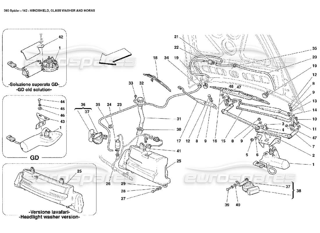 ferrari 360 spider windshield, glass washer and horns parts diagram