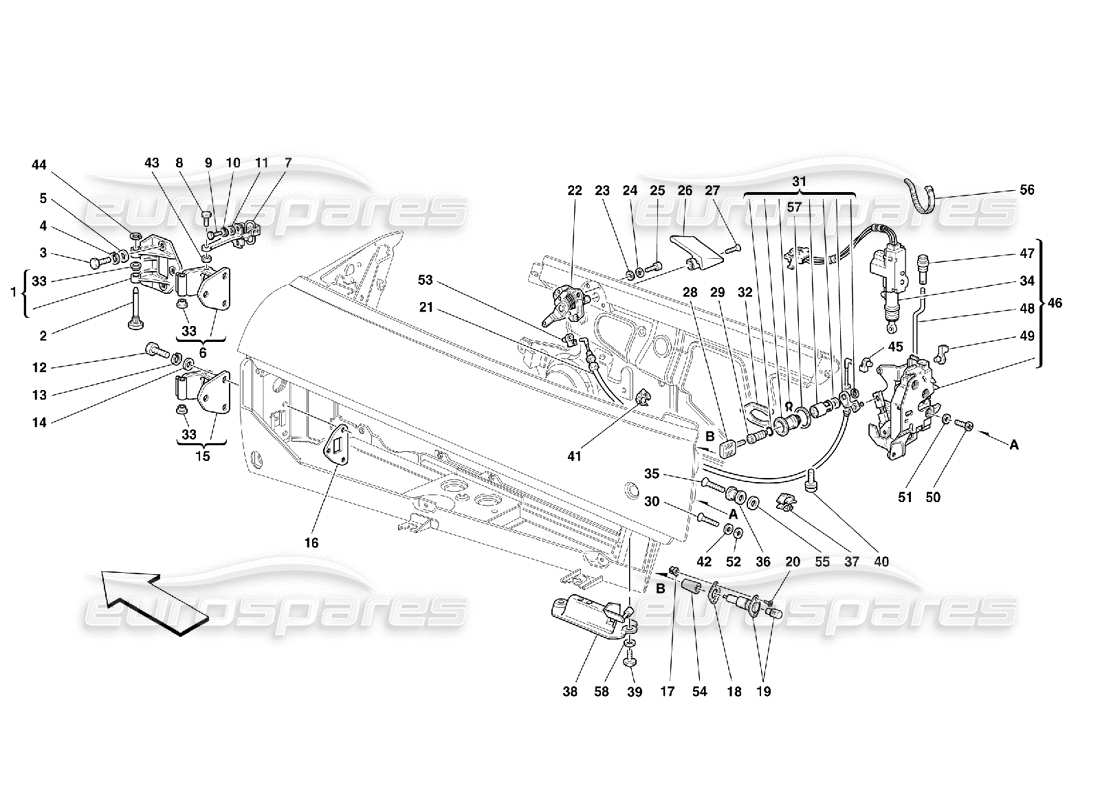 ferrari 355 (5.2 motronic) doors - opening control and hinges parts diagram