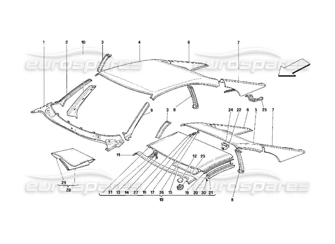 ferrari 348 (2.7 motronic) roof - outer trims parts diagram