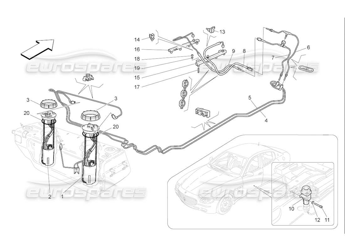 maserati qtp. (2006) 4.2 f1 fuel pumps and connection lines parts diagram