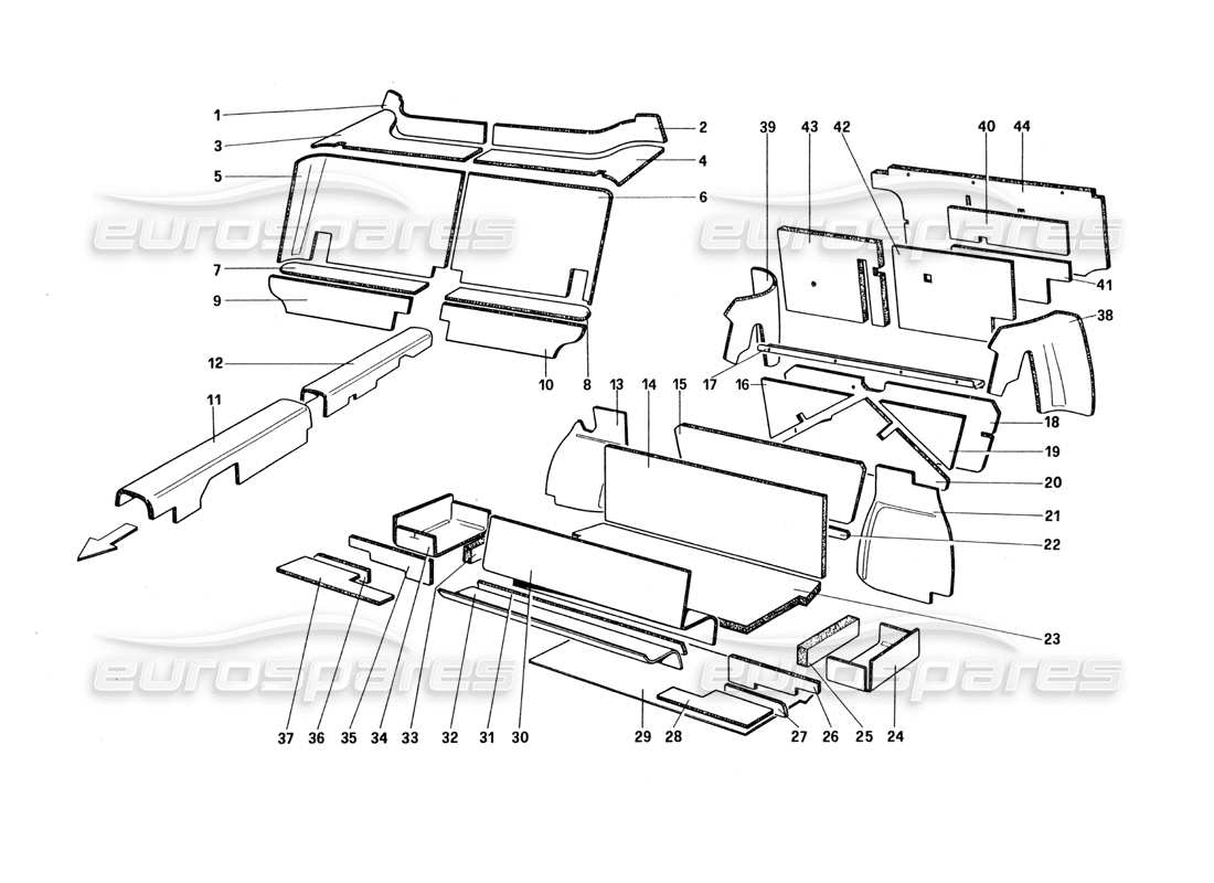 ferrari 328 (1985) passenger and luggage compartments insulation (not for u.s. and sa version) part diagram