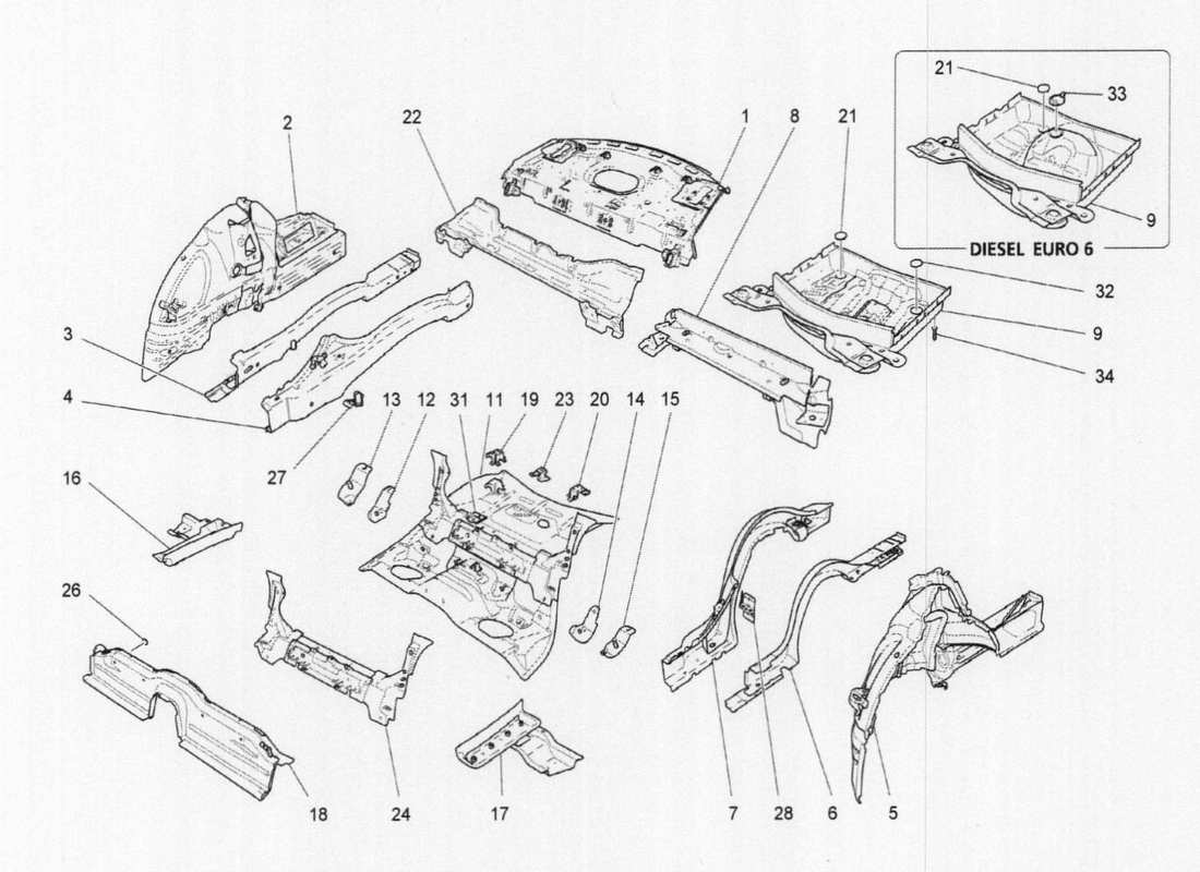 maserati qtp. v6 3.0 tds 275bhp 2017 rear structural frames and sheet panels parts diagram