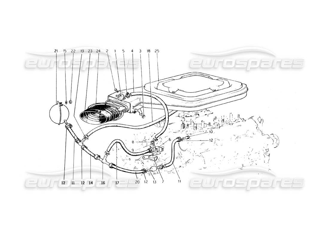 ferrari 308 gt4 dino (1979) intake air cleaner valve and lines (variants for usa - aus and j version) part diagram