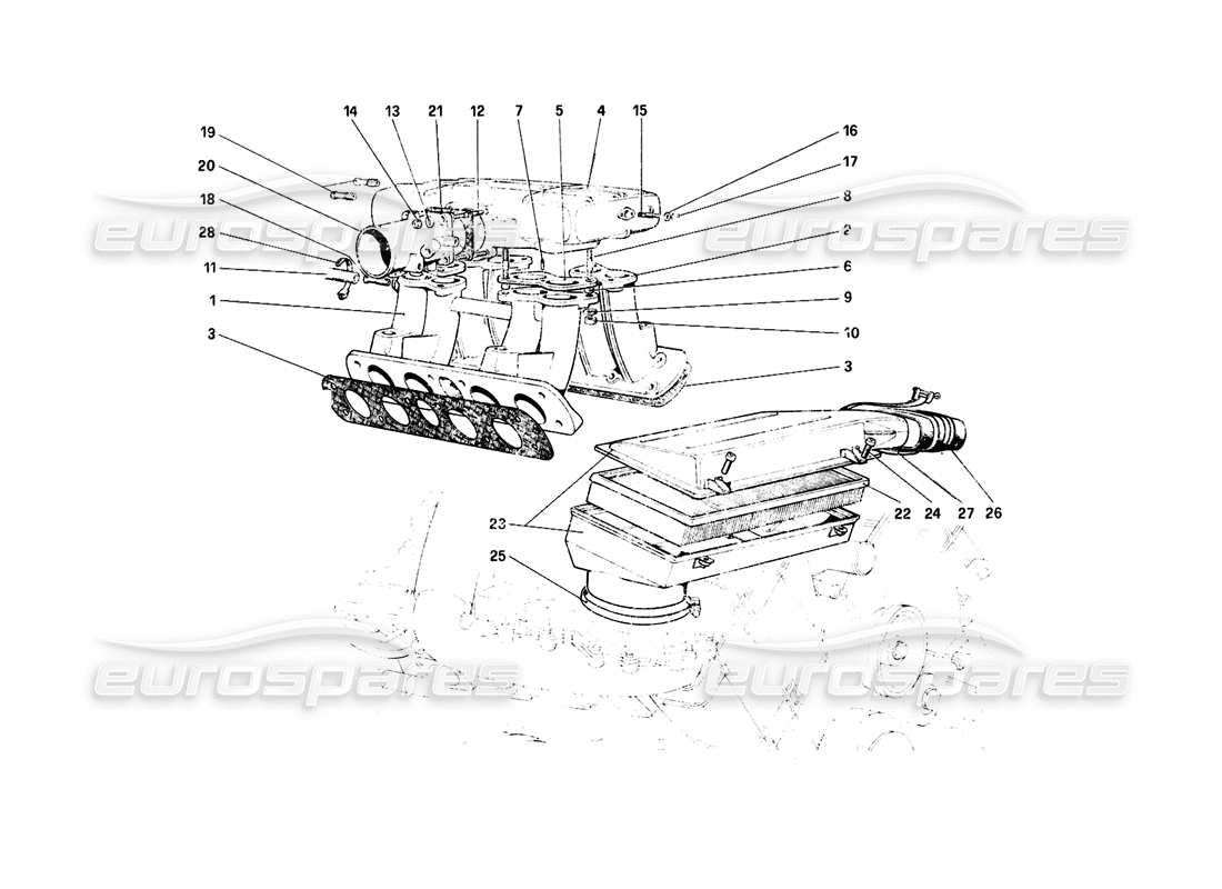 ferrari mondial 8 (1981) air intake and manifolds part diagram