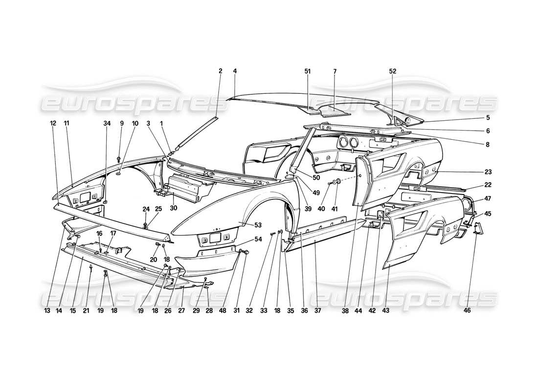 ferrari mondial 8 (1981) body shell - outer elements part diagram